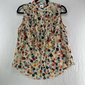 Cabi Tux Ruffle Top Womens S Sleeveless Chiffon Button Up Floral Multicolor 6108